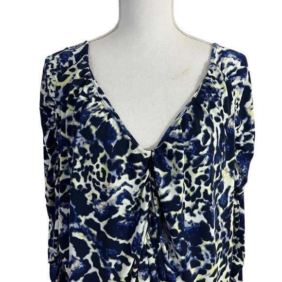 Fashion Bug Ruched Tunic Blouse 2X Stretchy Leopard Print Blue Neon Yellow White - Picture 4 of 12